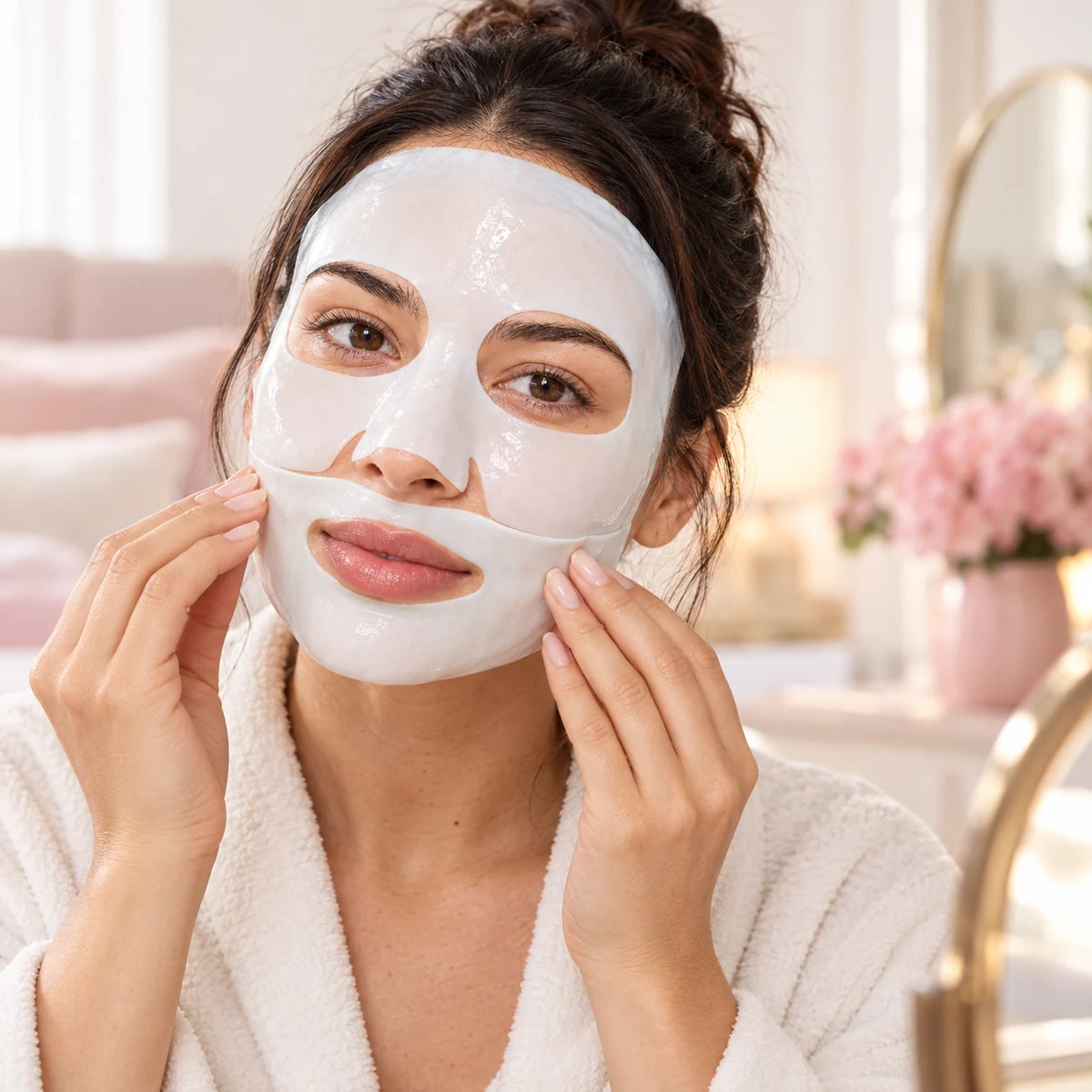 The two-piece CollaDew hydrogel mask fitting closely to an adult woman’s face