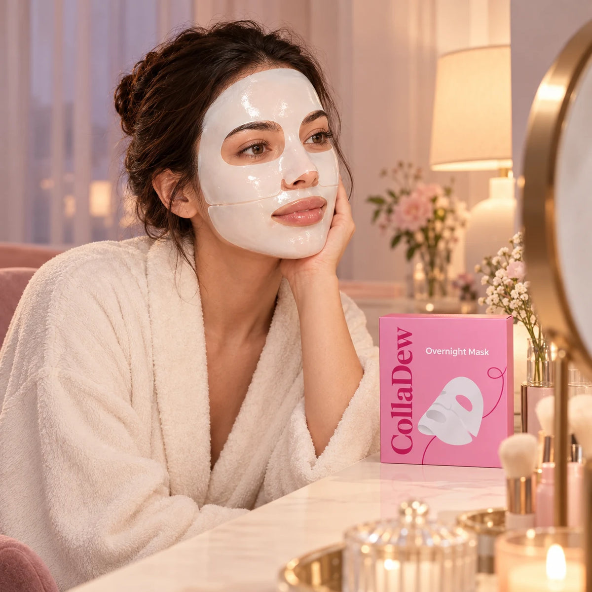 An adult woman enjoying an evening skincare routine with her CollaDew mask