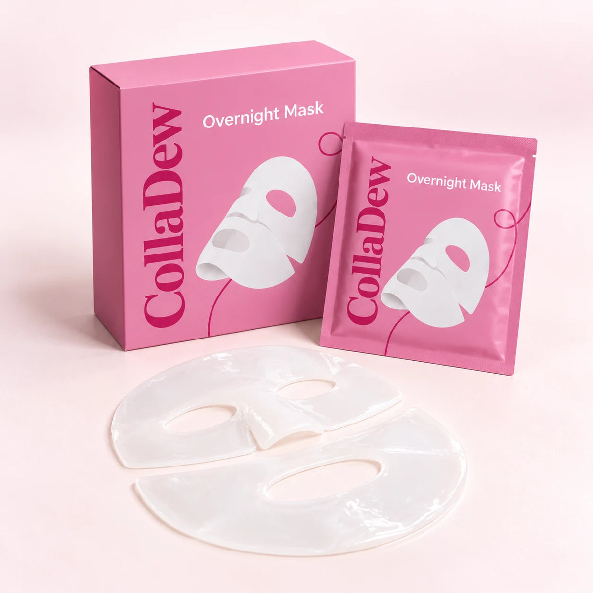 CollaDew Overnight Mask packaging, sachet and two hydrogel mask pieces