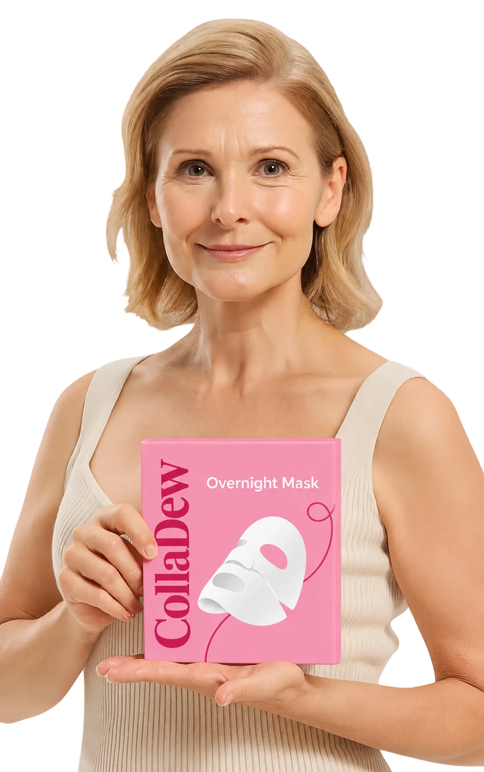 A mature woman presenting CollaDew Overnight Mask; product presentation