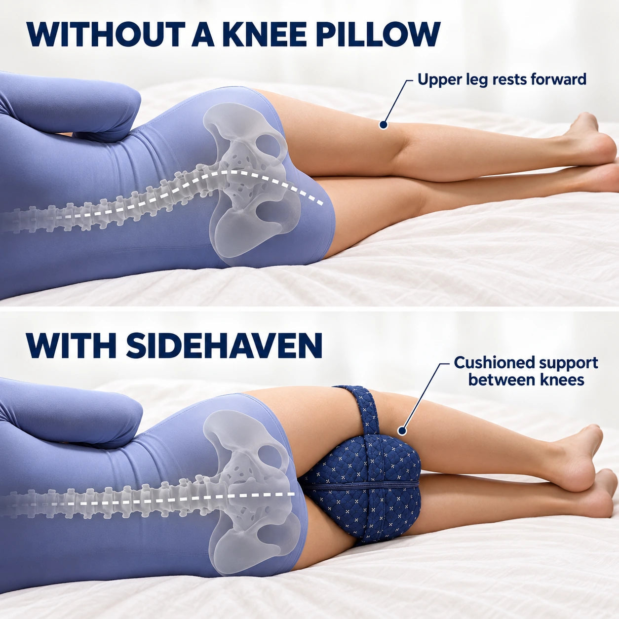Side-sleeping positions shown without and with a cushion supporting the upper leg